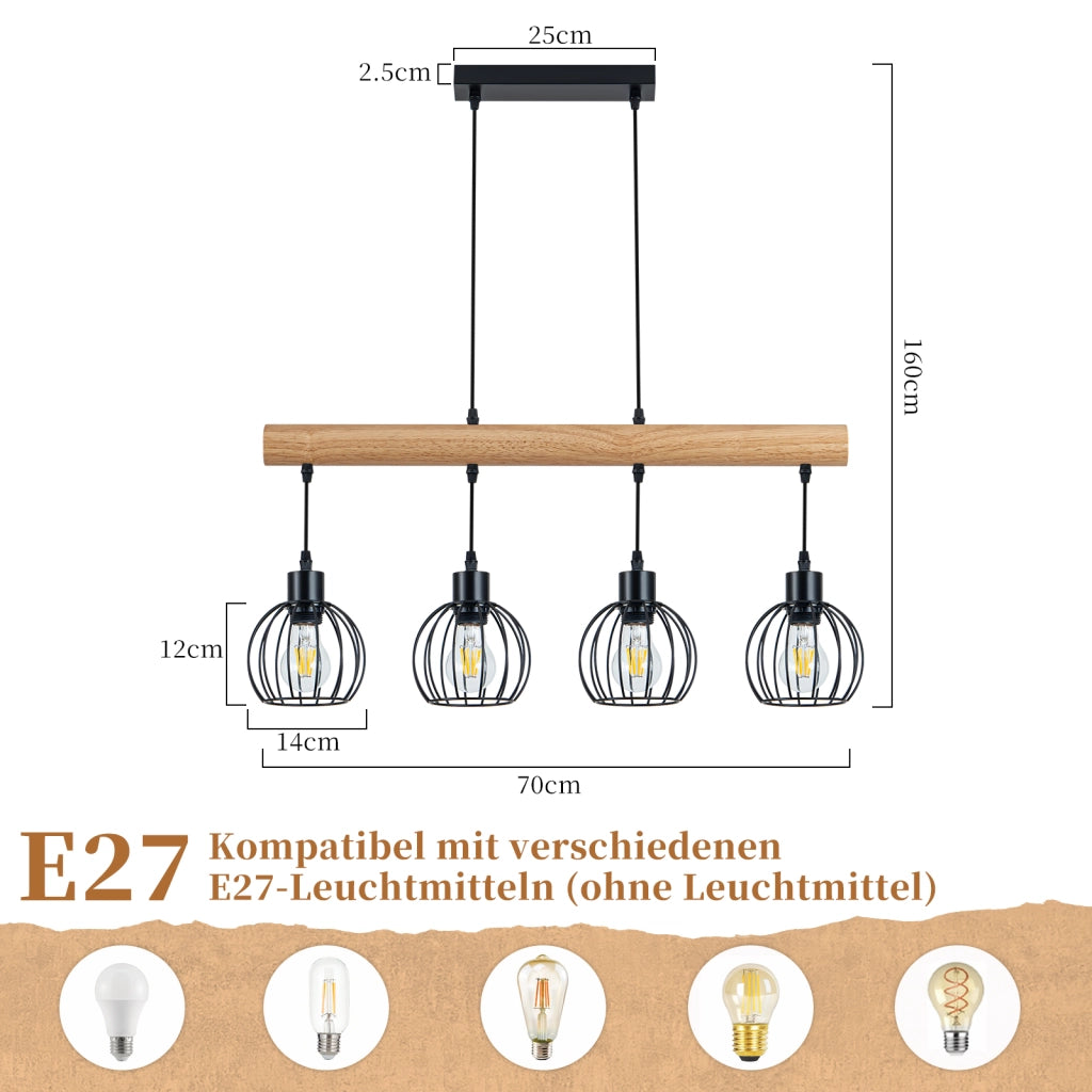 ZMH Lampada a sospensione vintage industriale E27 4 luci nera per soggiorno e sala da pranzo lampadine non incluse