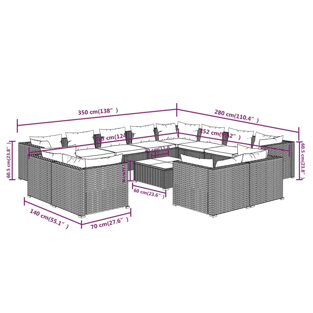 Set Divani da Giardino 13 pz con Cuscini in Polyrattan Marrone