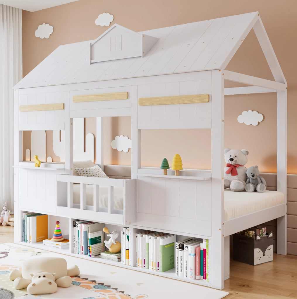 Letto a soppalco per bambini bianco con libreria 90x200 cm