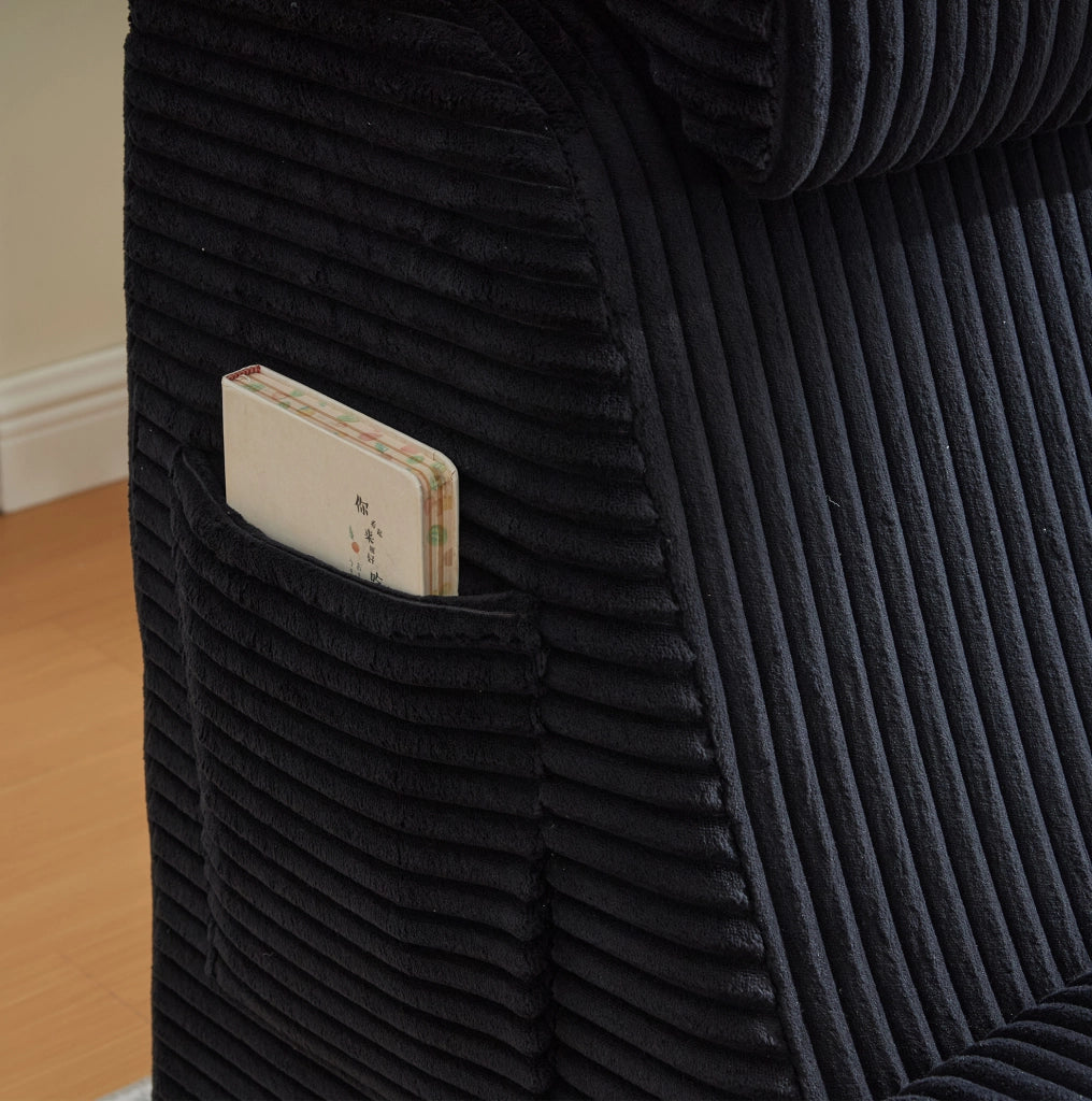 Poltrona singola moderna in velluto a coste nero; 160x66x90 cm; con cuscino rimovibile e tasca laterale