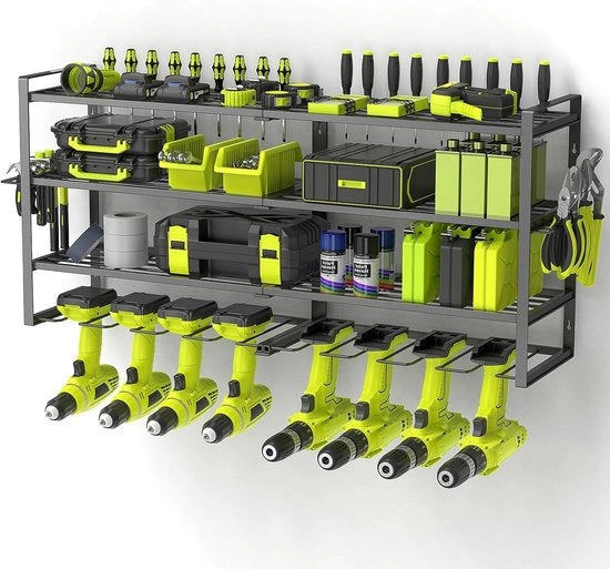 Scaffale 4 livelli da parete con supporto per attrezzi, trapano elettrico, chiave inglese, ganci per garage e officina