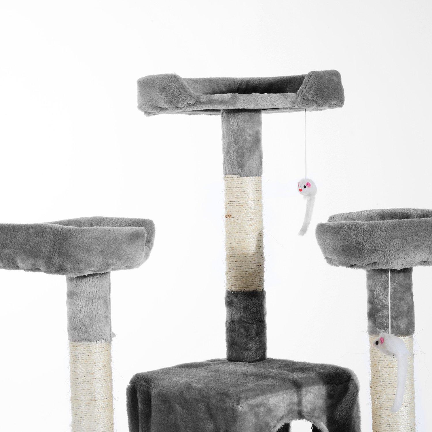 Albero Tiragraffi per Gatti con Due Cucce in Peluche e Sisal Grigio 50x50x170 cm