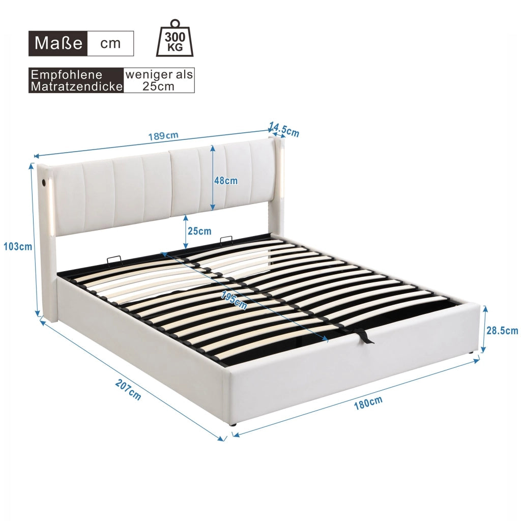 Letto imbottito idraulico con luci LED USB 180x200 cm colore PU bianco