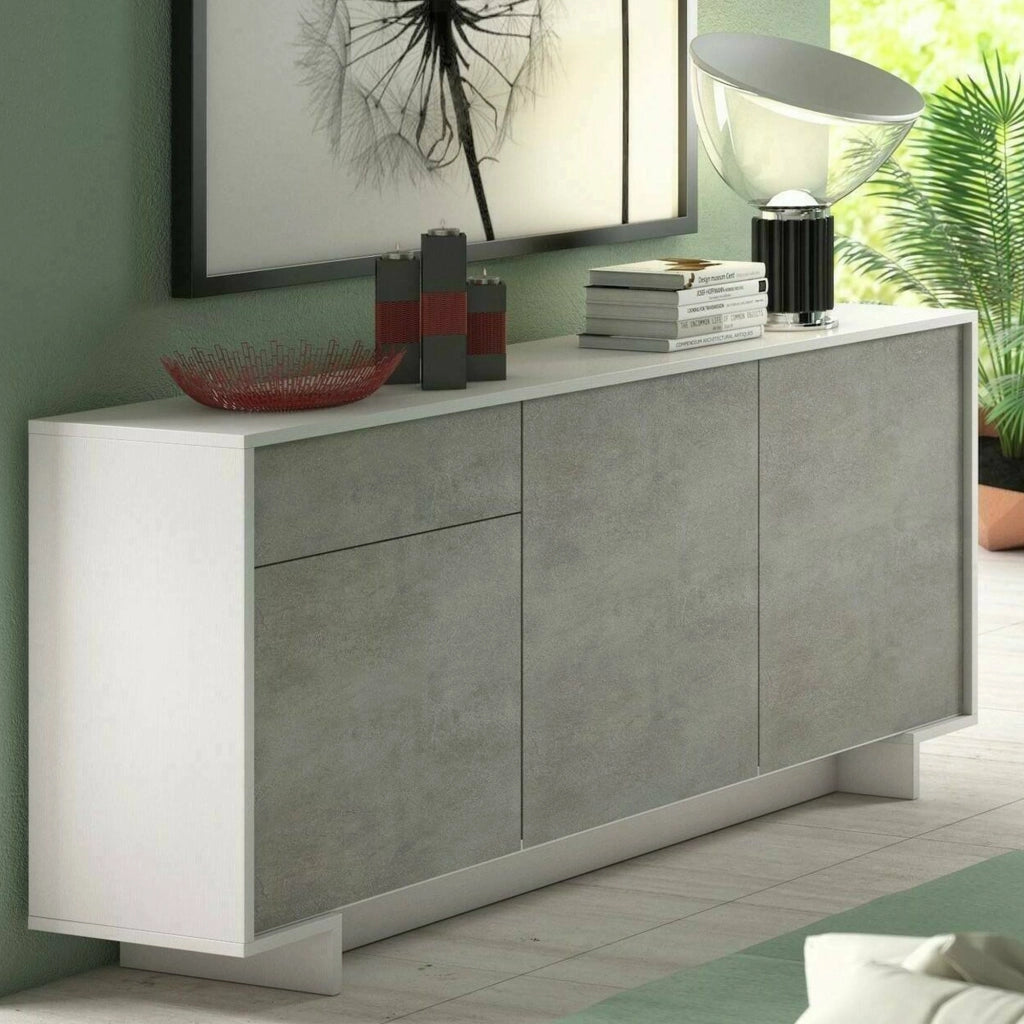 Credenza Aronne, Madia da salotto, Buffet da soggiorno a 3 ante e 1 cassetto, 100% Made in Italy, 170x42h78 cm, Bianco e Cemento