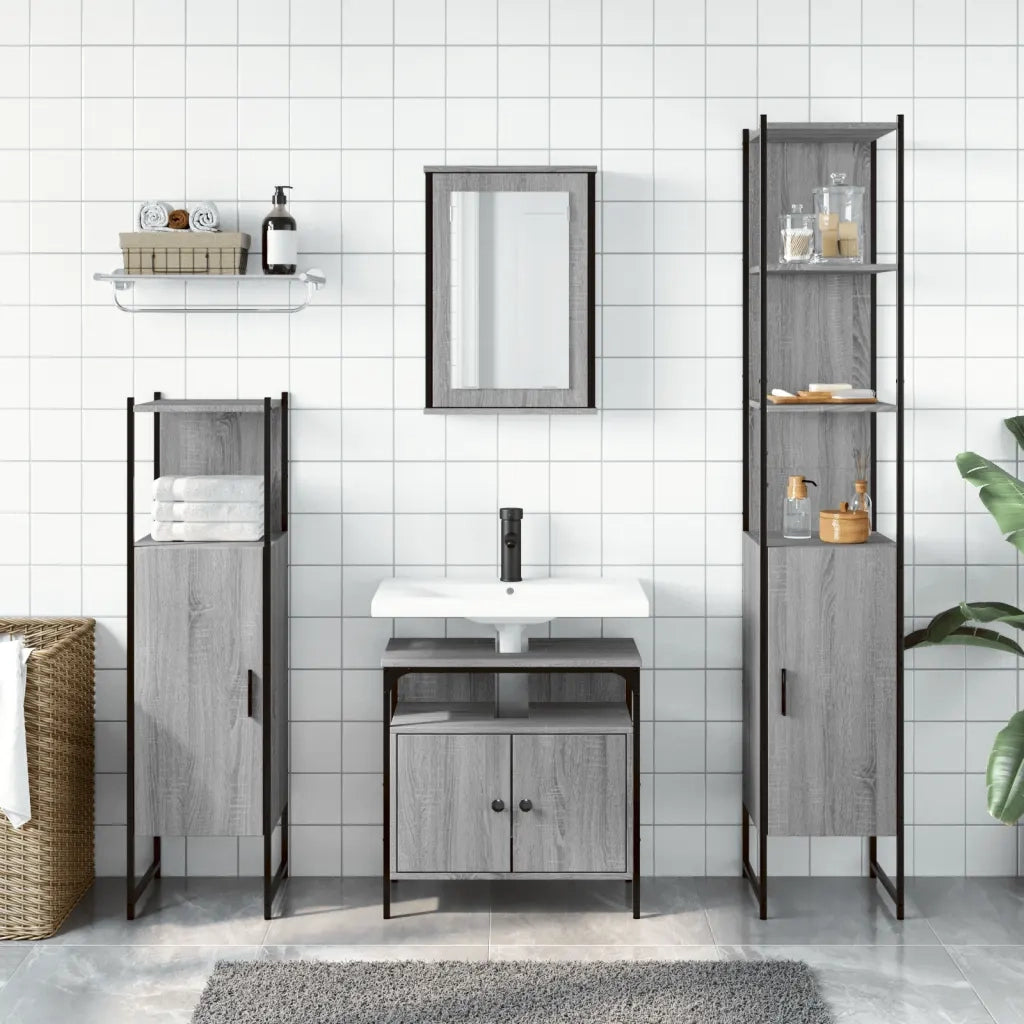 Set Mobili da Bagno | Armadio da bagno 4 pz Grigio Sonoma in Legno Multistrato