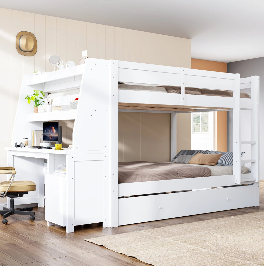 Letto a castello alto 140 x 200 cm con scrivania, contenitore e cassetti
