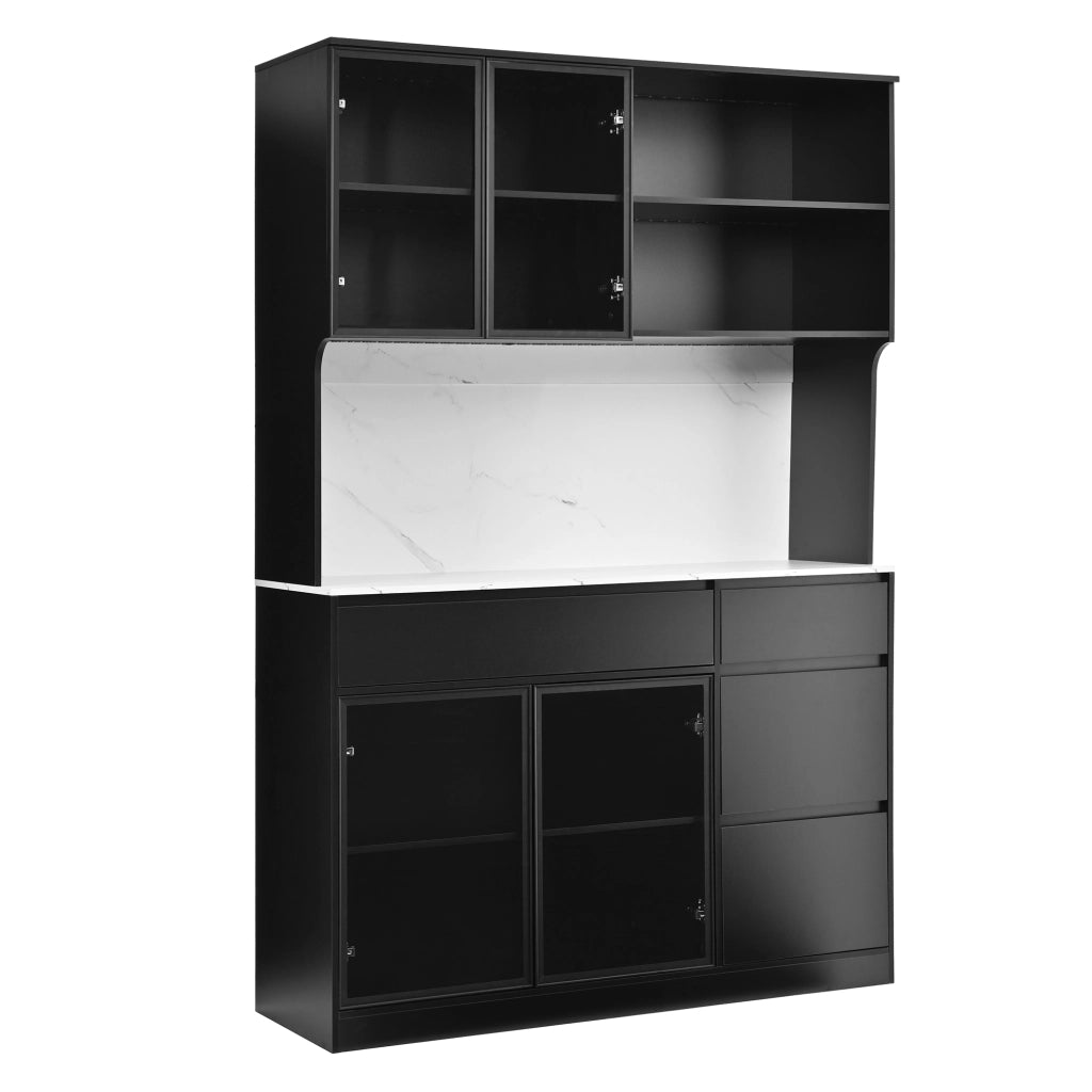 Credenza alta con LED e ante in vetro, cassetti e vani aperti, per soggiorno e sala da pranzo, 120 × 40 × 180 cm