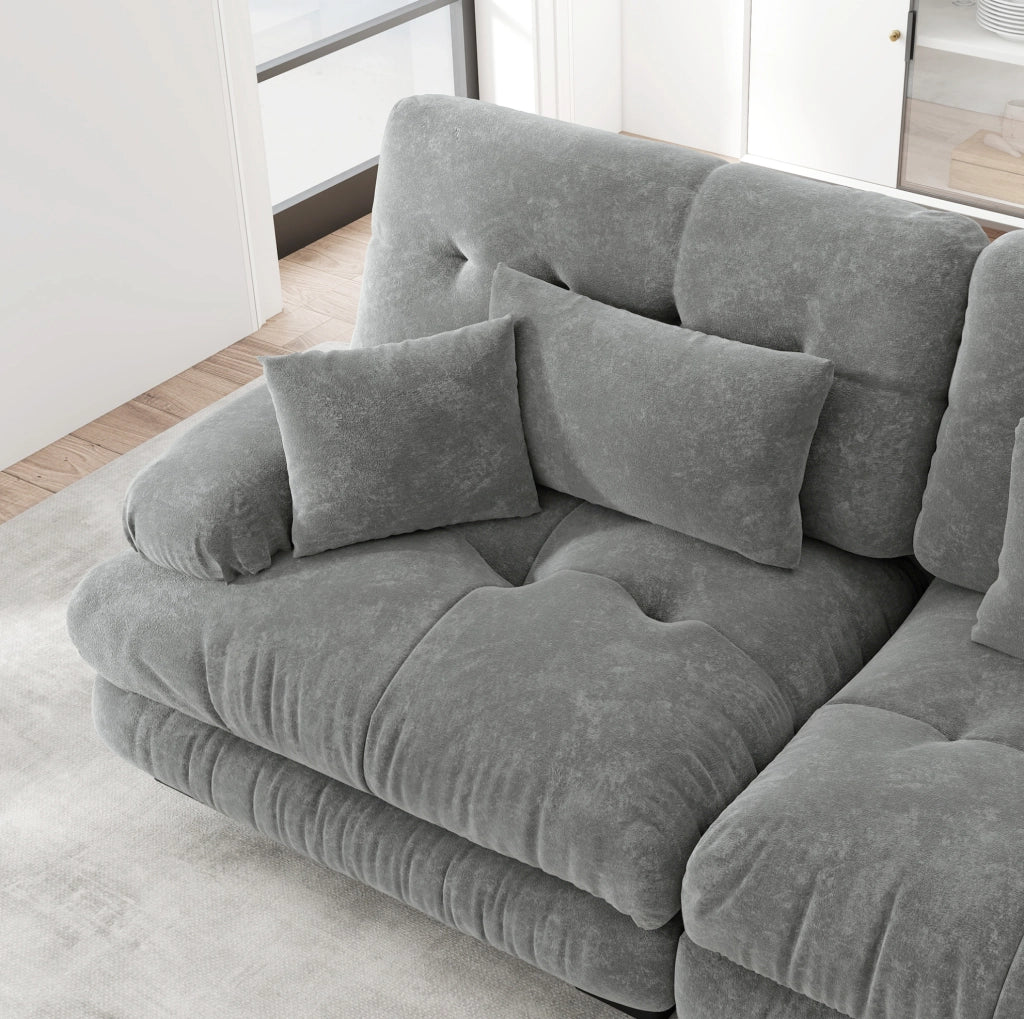 Divano modulare a U in velluto ciniglia grigio con pouf mobili e seduta profonda