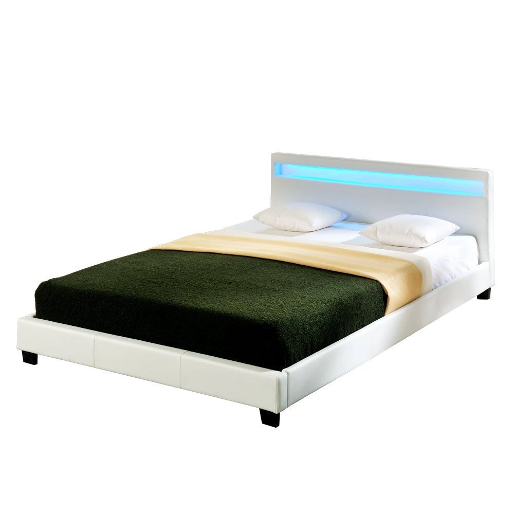 Letto Matrimoniale Imbottito 180x200 cm Testiera Alta con Illuminazione a LED Similpelle - Bianco Corium