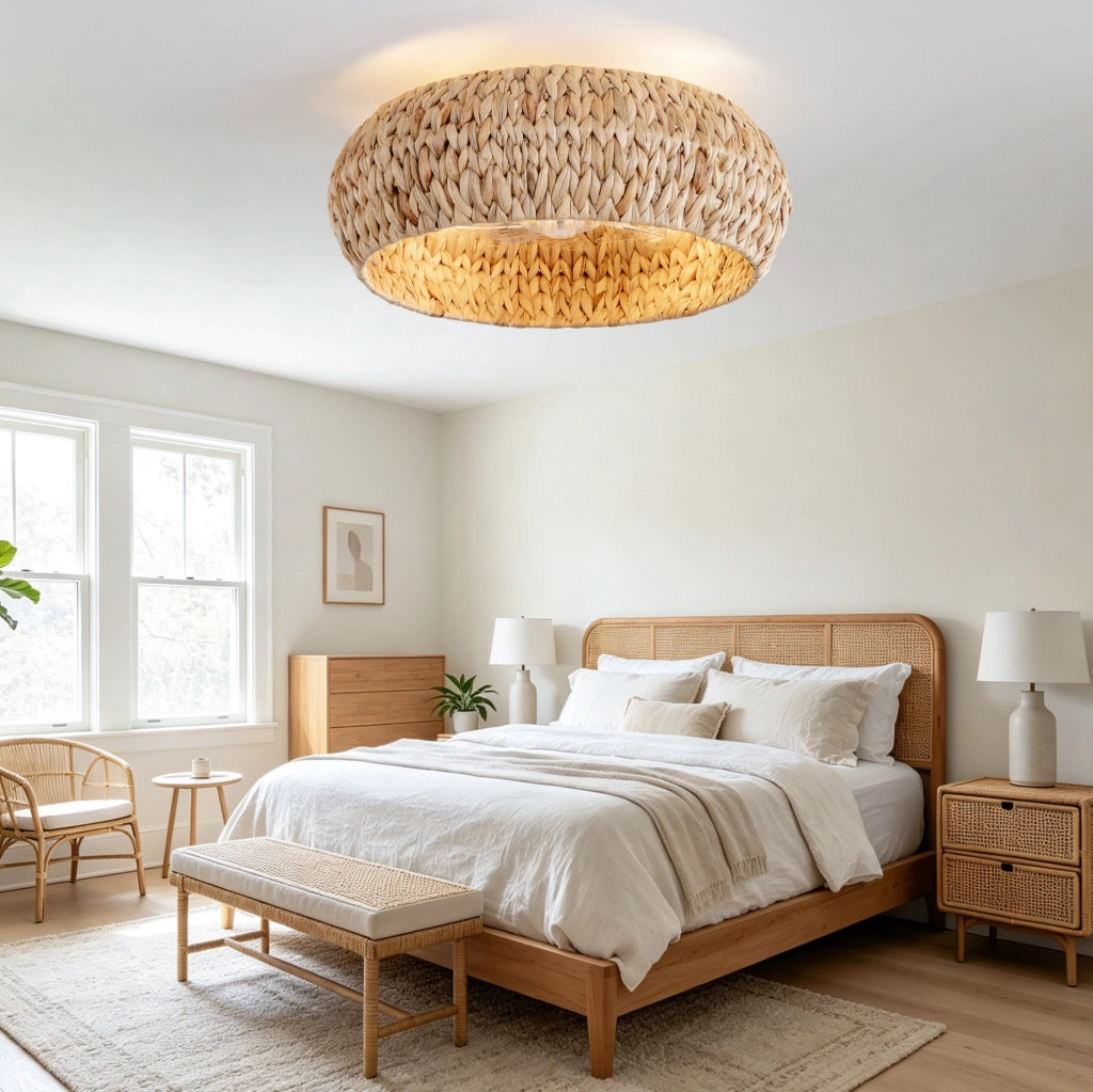 Ventilatore da soffitto 53 cm con luce, in rattan e plastica color rame