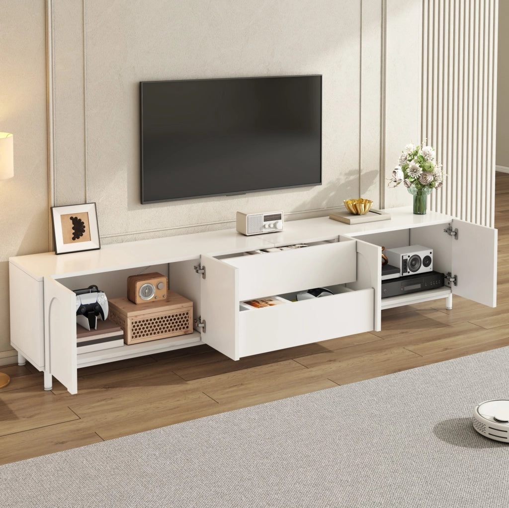 Mobile TV 180x40x48 cm con 4 ante; 2 cassetti e passacavi in MDF e pannelli di particelle bianco