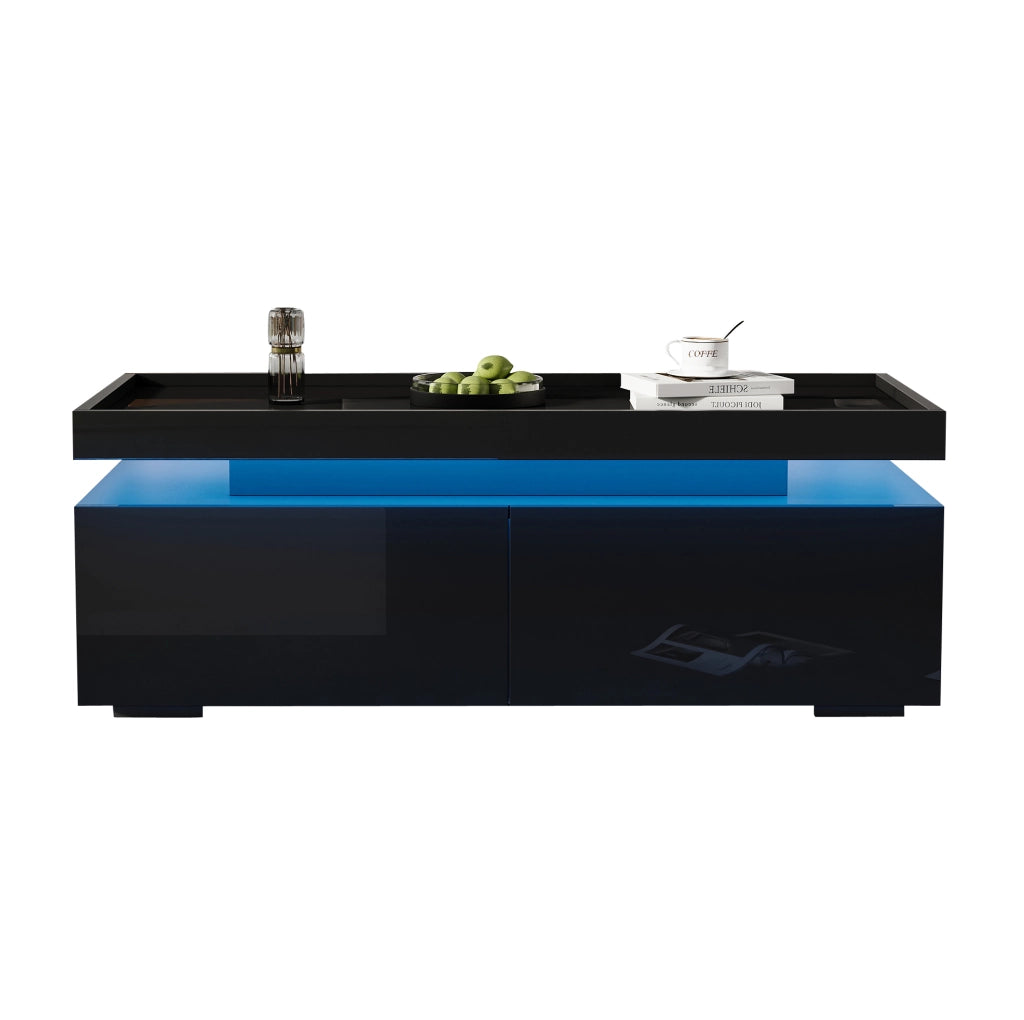 Tavolino da salotto moderno 95x45x35 cm nero lucido con LED; 2 cassetti e ripiano aperto
