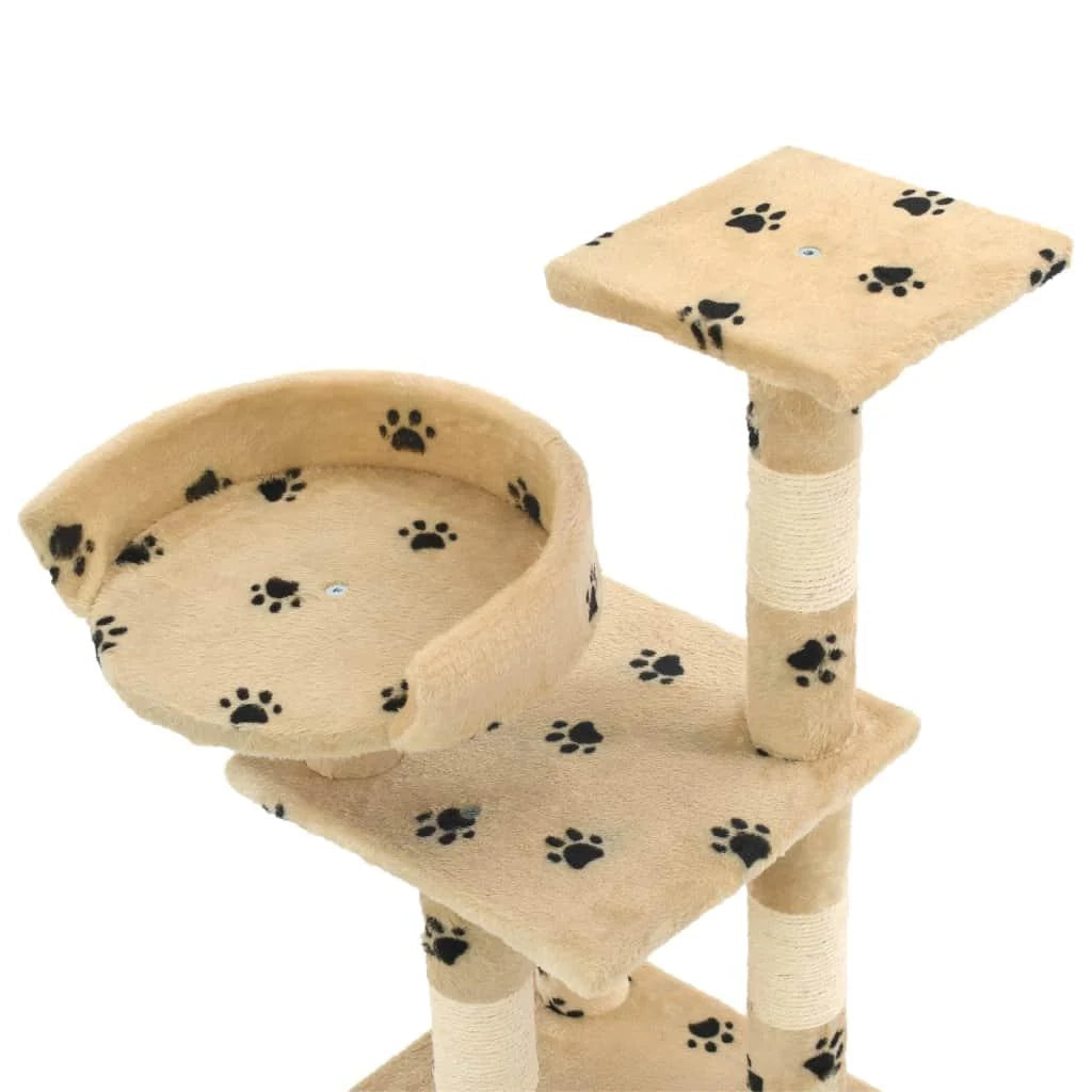 Tiragraffi albero per gatti cuccia per gatti peluche in sisal 65 cm beige con motivo a impronta di zampa 3702044
