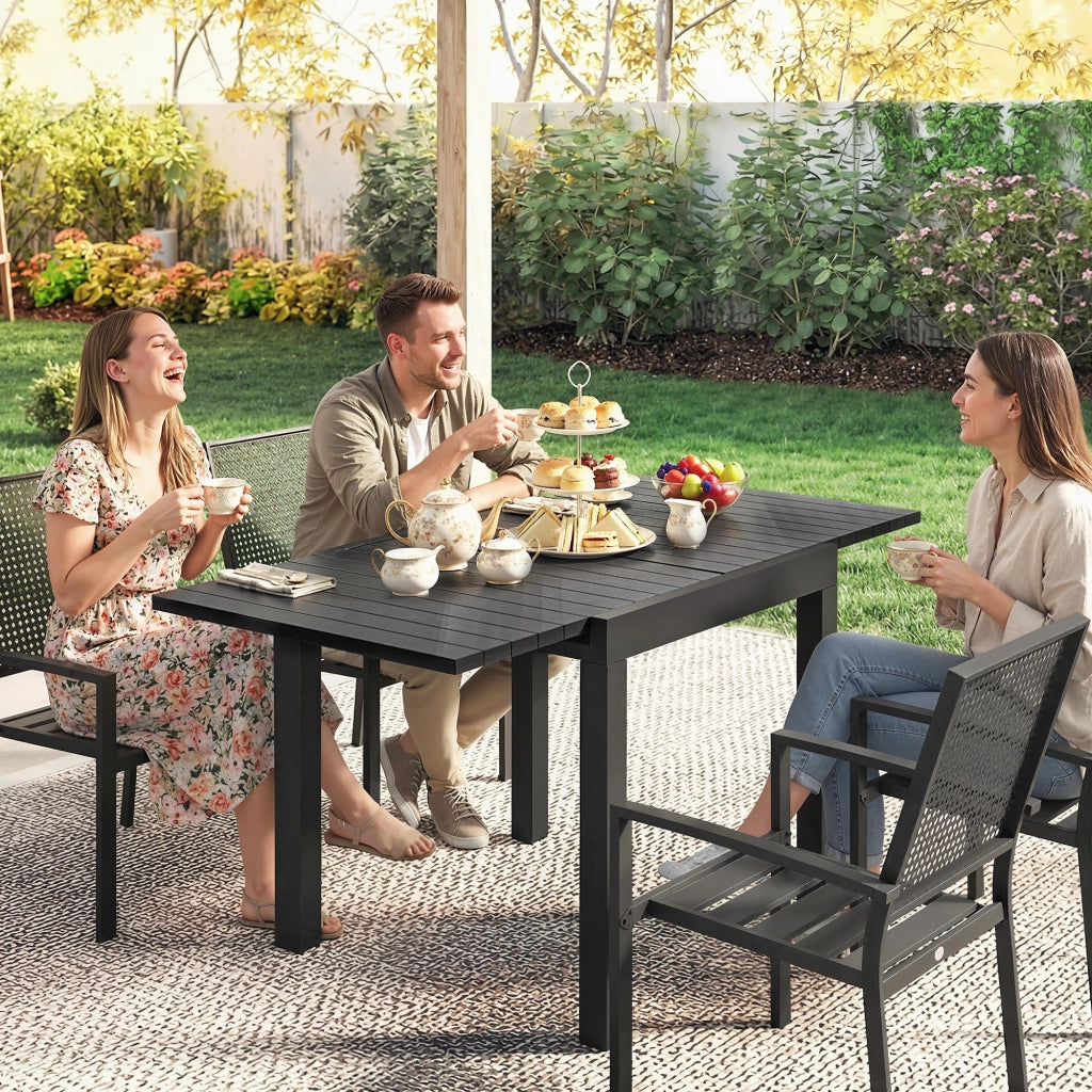Tavolo da Giardino Allungabile 80-160x80x75 cm per 4-6 Persone con Piano a Doghe in Alluminio Nero