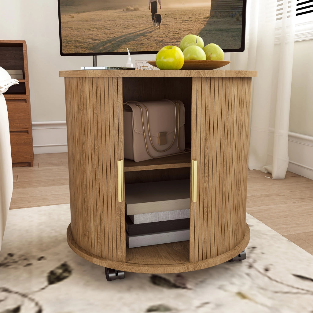 Comodino contenitore con 1 anta scorrevole; stazione di ricarica - per camera da letto - in MDF - 60×60×60 cm - rovere