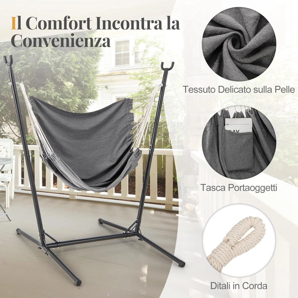Sedia Amaca con Supporto, Sedia a Dondolo Robusta con Altezza Regolabile a 6 Posizioni, Poltrona Sospesa per Interni ed Esterni, Portata 120 kg