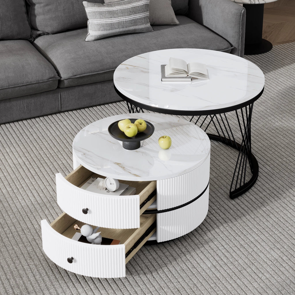 TAVOLINO da caffè set da 2 rotondi effetto marmo bianco MDF con 2 cassetti