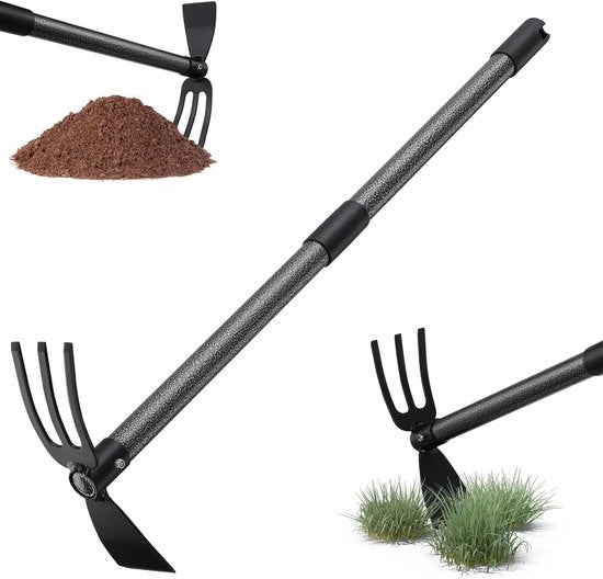 Hoeke per terra da giardino 116 cm con acciaio - Hoeke multifunzionale a doppia punta con 3 denti - Hoeke per erbacce e piantagione in metallo - Strumento da giardino per smuovere, aerare e tagliare erbacce