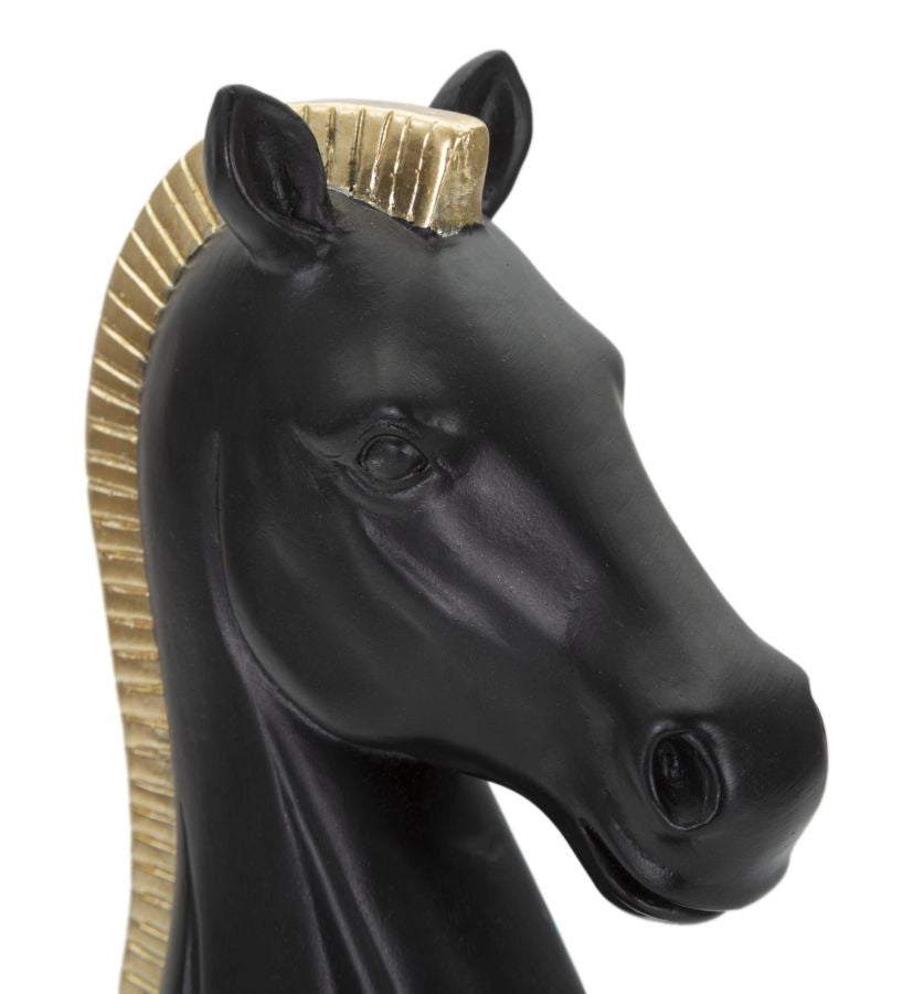 Statua Cavallo scacchi nero criniera oro, poliresina 10,5x8,5x19cm