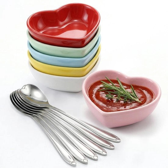 Set di Dips di 6 pezzi - Dips di forma a cuore - Scodelle ceramiche per snack - Dips per soia/salsa - Inclusi cucchiai - Adatto per snack