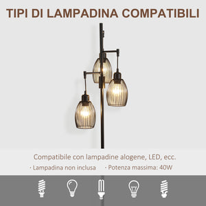 Lampada da Terra Industriale 30x30x170.5 cm con 3 Paralumi e Intensità Regolabile in Acciaio Nero