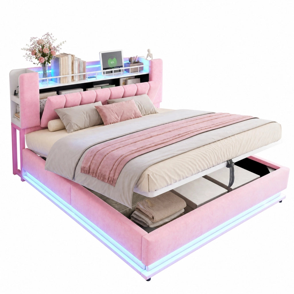 Letto matrimoniale imbottito 180x200 cm con LED; USB e contenitore; rosa