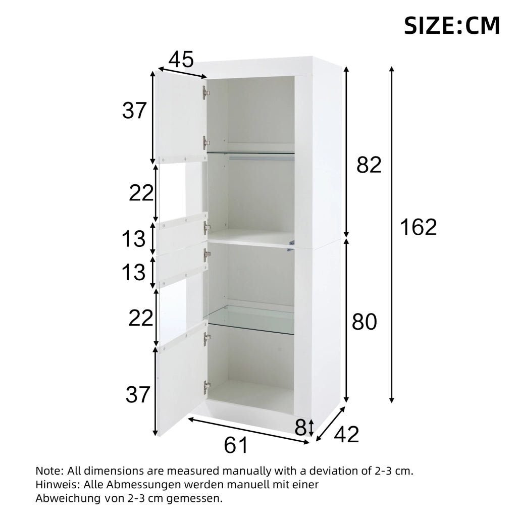 Vetrina con LED e 2 ante, 3 ripiani in vetro regolabili e 4 vani, per soggiorno e cucina, bianco, 61 × 42 × 162 cm
