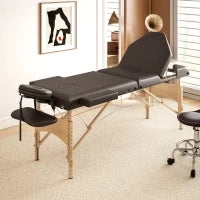 Lettino Massaggio Pieghevole in Legno a 3 Zone con Altezza Regolabile Poggiatesta Braccioli 215x60x64-89 cm Marrone