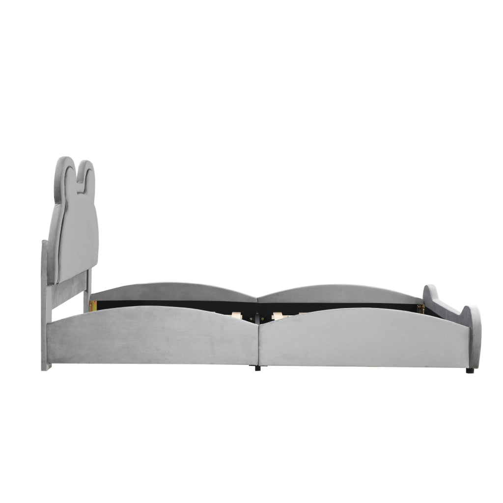 OKWISH Letto Bambino 90×200 cm, Letto Singolo con Testiera a Forma di Orso e Rivestimento in Velluto, senza Materasso, Grigio