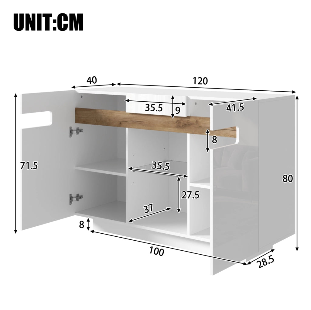 Sideboard LED bianco e legno naturale 120 × 40 × 80 cm