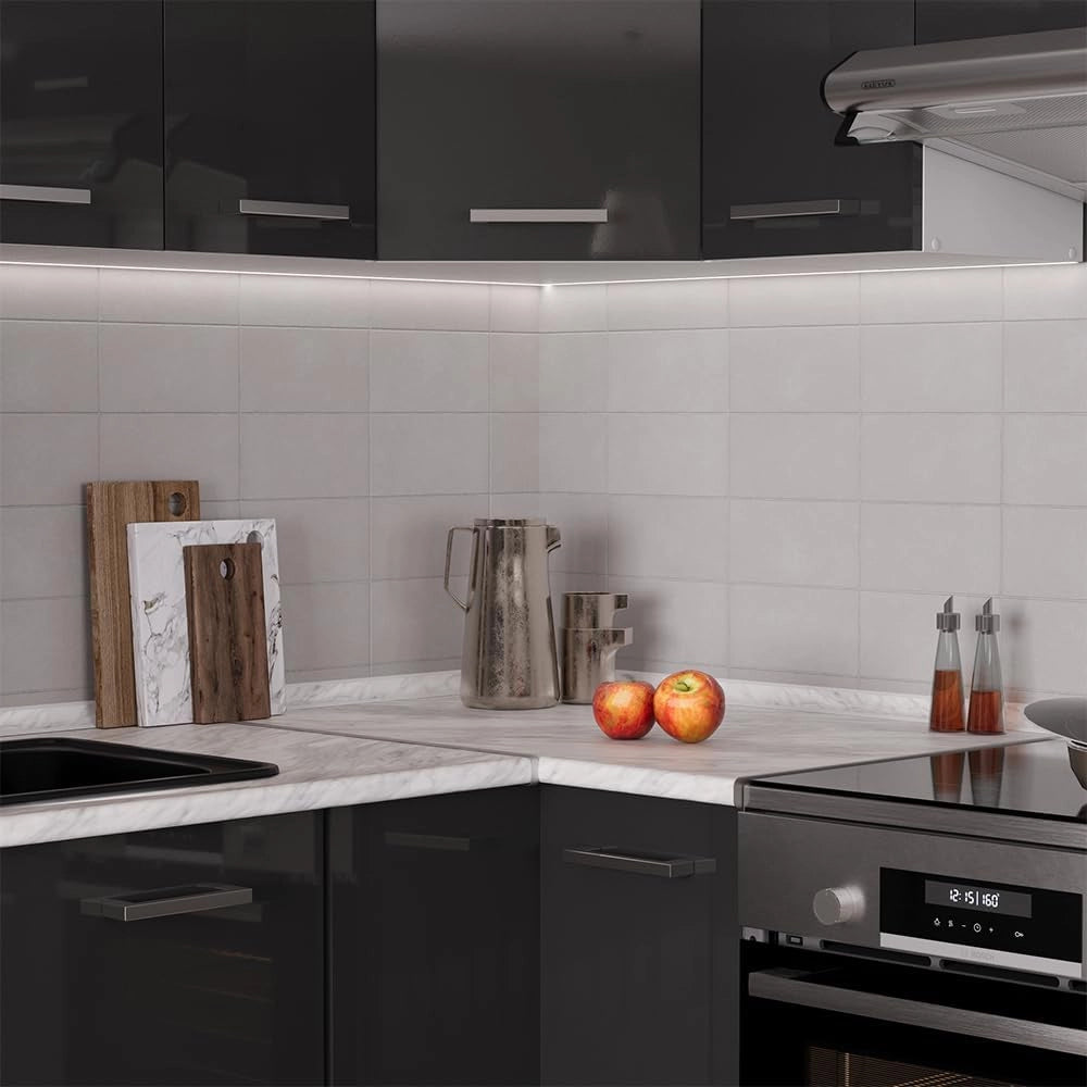 Cucina angolare completa Rick, Antracite lucido/bianco, 190 x 60 cm, PL Marmo, con elementi modulari espandibili per una pianificazione flessibile della cucina