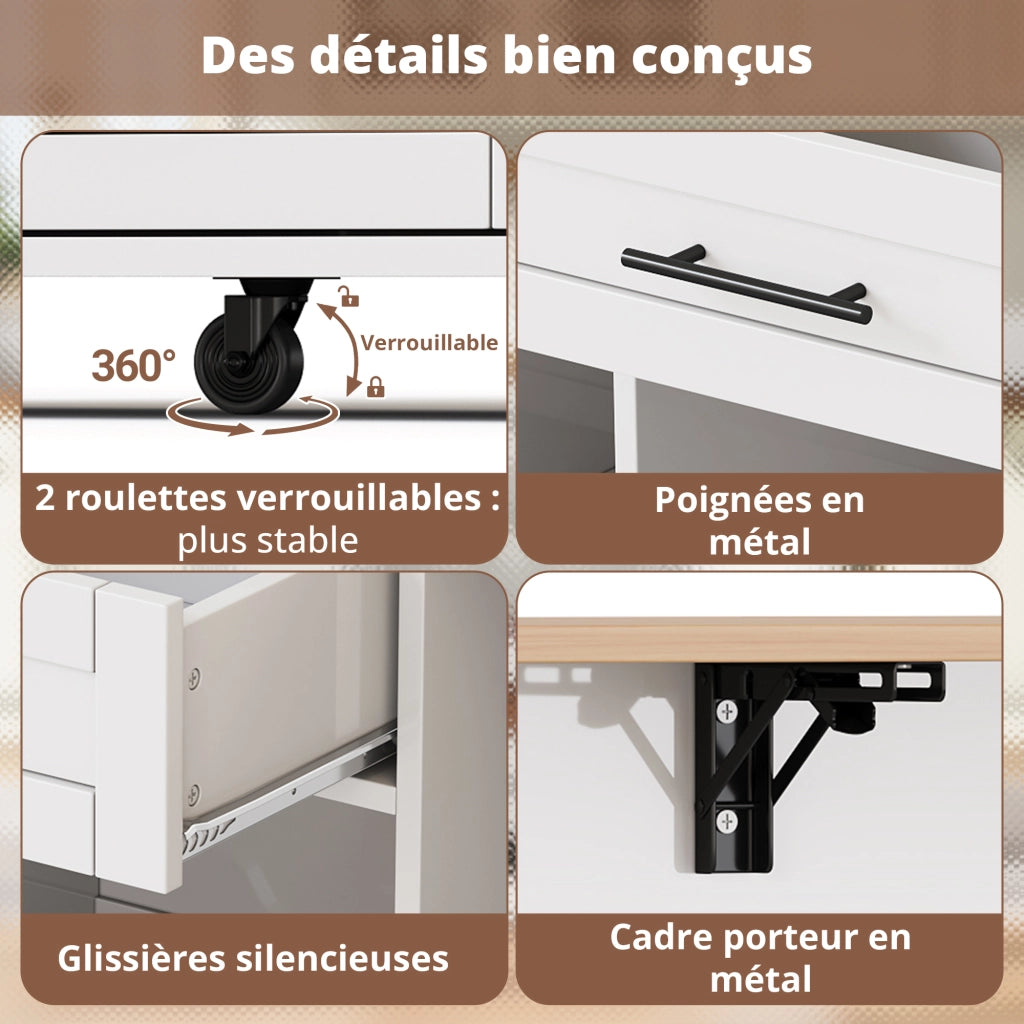 Carrello da Cucina con 2 Ante; 2 Cassetti; Piano Ribaltabile; Portabottiglie e Portasciugamani; 138x45(70)x92 cm