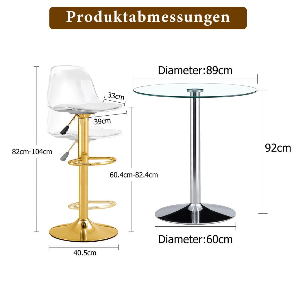 Tavolo da pranzo rotondo in vetro con 2 sgabelli regolabili e girevoli, per cucina, bar e lounge moderne, 89 cm