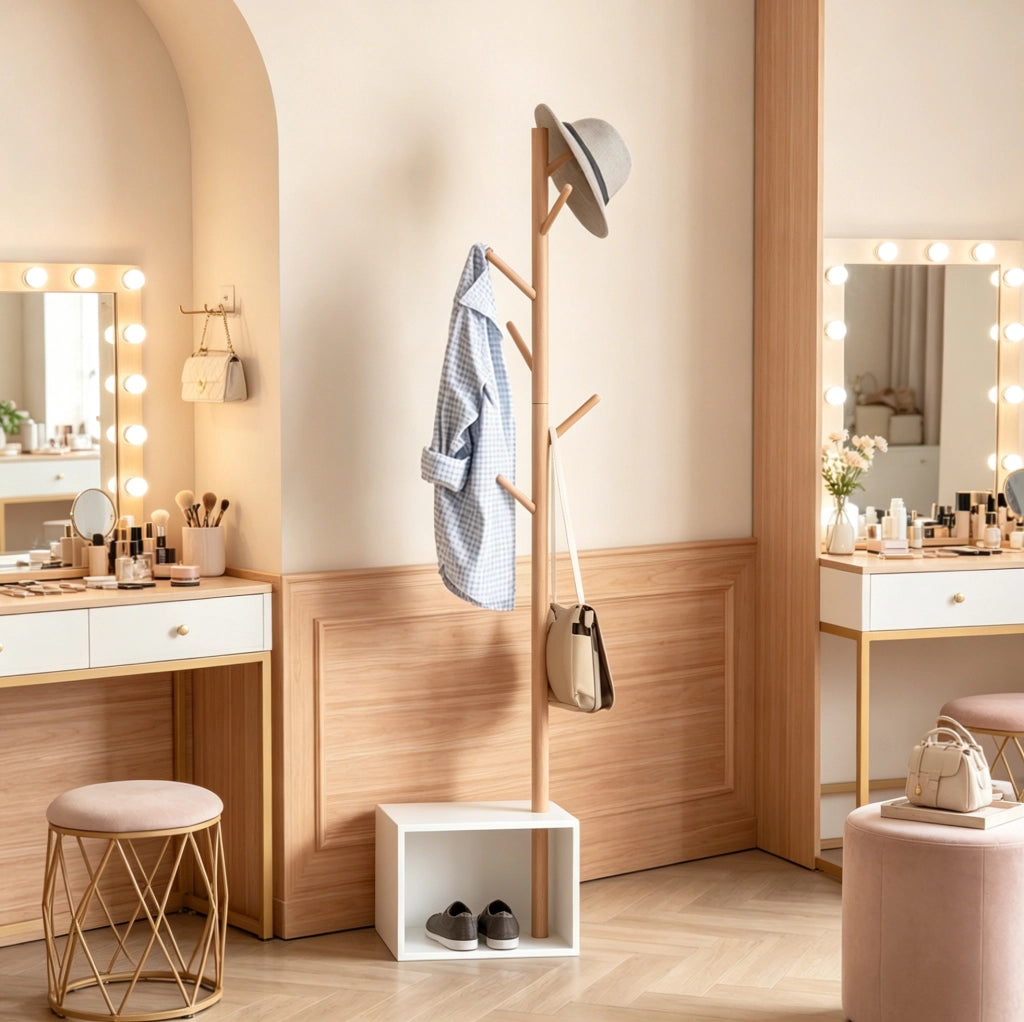 Appendiabiti 40x30x180 cm con 6 ganci e vano contenitore in MDF e legno; bianco e naturale