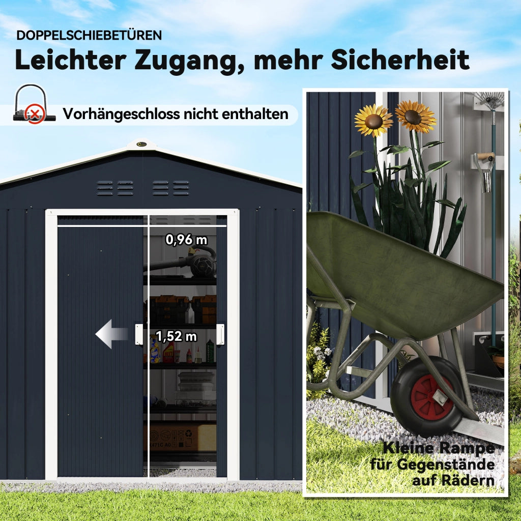 Casetta da giardino in metallo con porte scorrevoli e finestre ¨C Xylo ¨C 277x195x192 cm grigio scuro