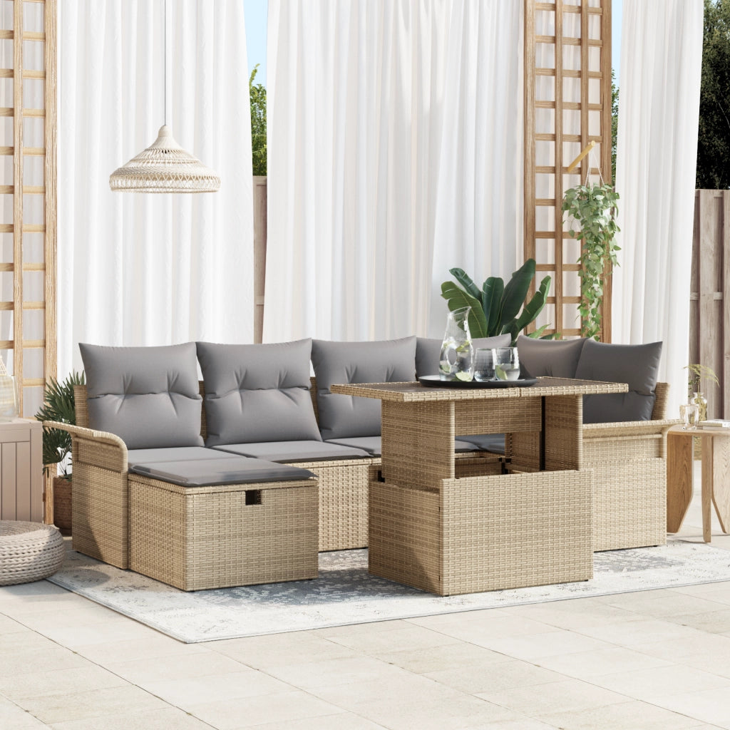 Set Divano da Giardino 7 Pezzi con Cuscini Beige Polyrattan