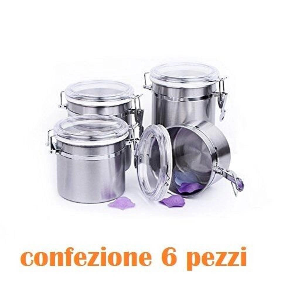 Trade Shop - Set 6 Pezzi Barattolo In Acciaio Inox 10 X 11 Cm Alimenti Zucchero Caffè Cucina -