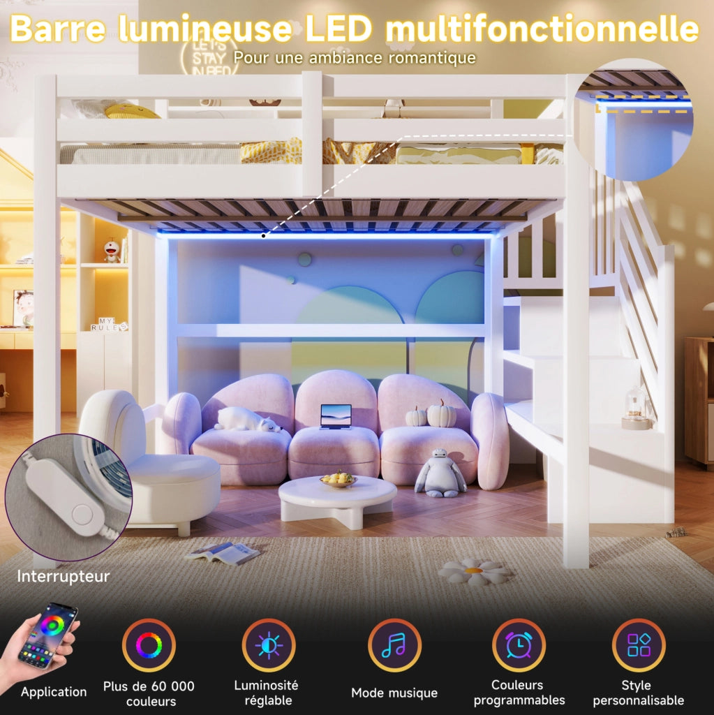 Letto a soppalco 140x200 cm bianco con LED e scala contenitore