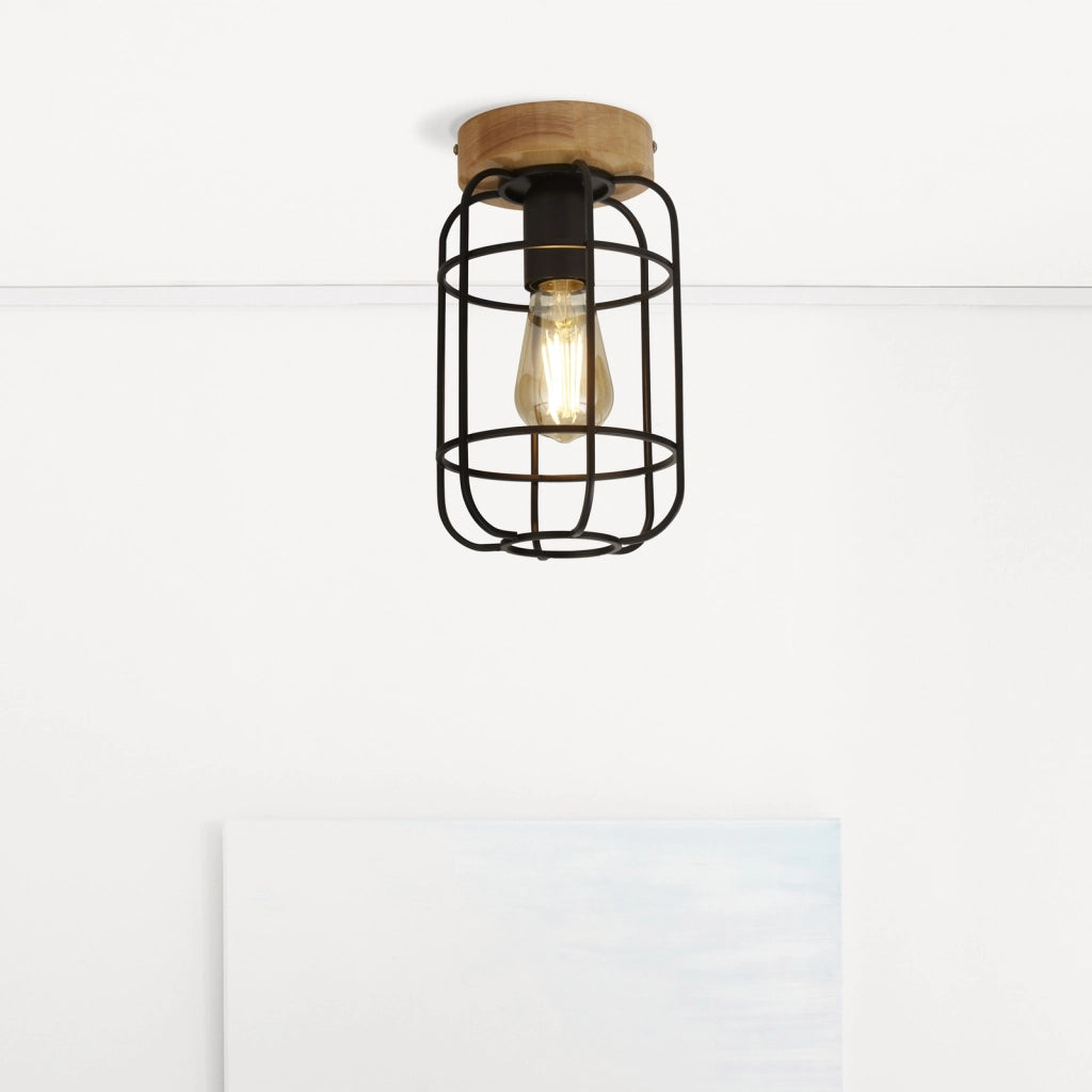 Plafoniera Industrial-Nordico Visione Acciaio Nero Marrone 1 Luce E27