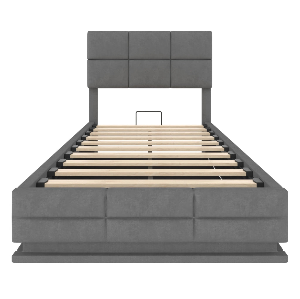Letto singolo 90x200 cm in velluto grigio scuro con LED e vano contenitore