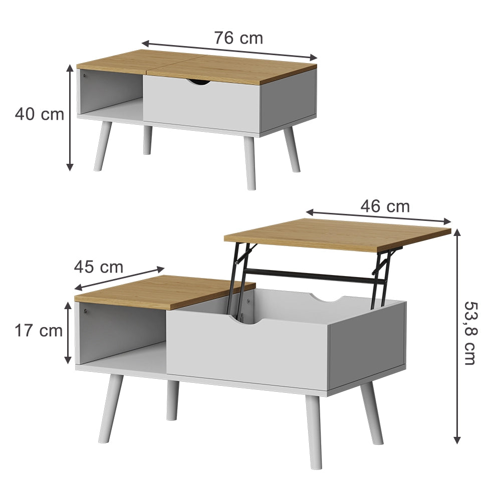 Vicco tavolino soggiorno Bianco/quercia 76 x 45 cm con funzione di sollevamento