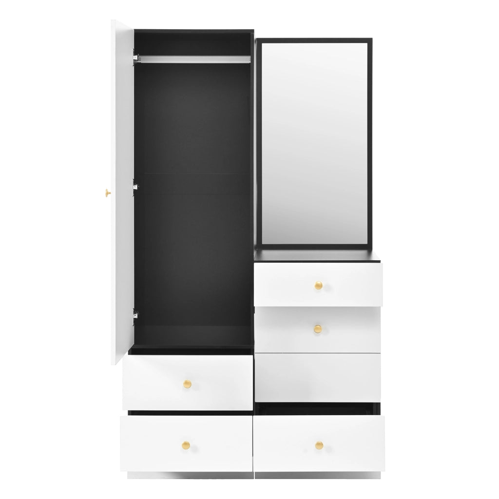 Toeletta con armadio laterale; specchio a figura intera; cassetto compartimentato e sgabello estraibile per camera; 90 × 50;5 × 160 cm