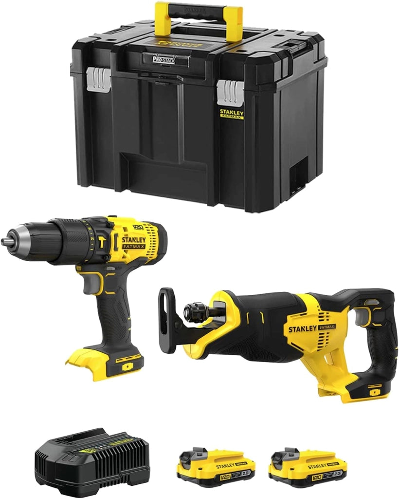 STANLEY FatMax Kit SVK208 (Trapano a Percussione SFMCD711 + Sega Universale SFMCS300 + 2 Batterie 2,0 Ah + Caricabatteria + TSTAK VI)