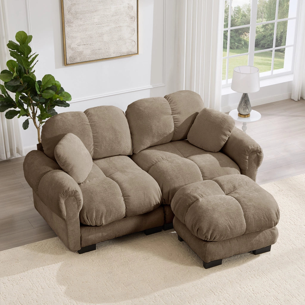 Divano Angolare Modulare 2 Posti con Pouf Mobile e Cuscino, in Ciniglia Marrone 190 × 149 × 90 cm