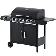 Barbecue a Gas con Coperchio, 7 Bruciatori da 20kW, Fornello Laterale e 2 Ruote, 135x50x100cm Nero