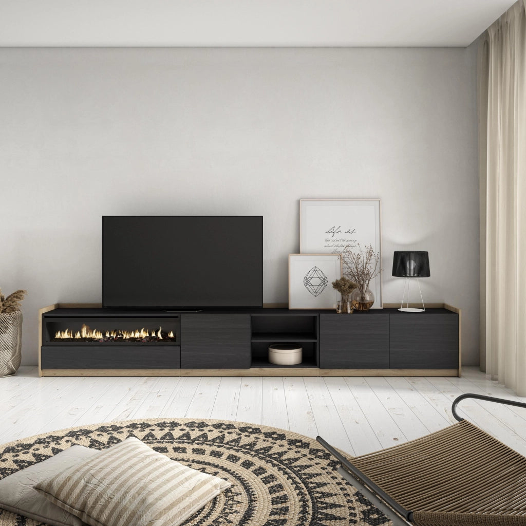 Mobile TV Soggiorno, 310x50x37 cm, Per TV fino a 80", Camino elettrico, Nero e rovere