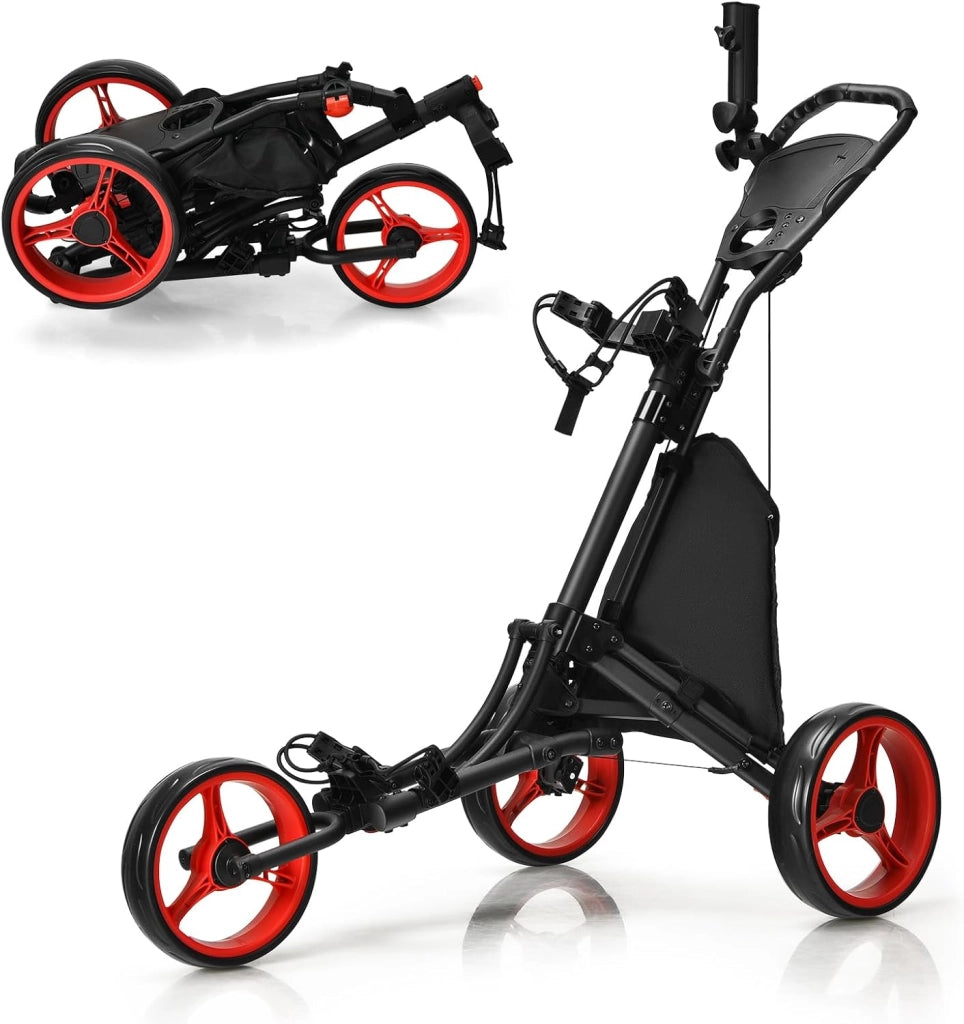 Carrello da Golf Pieghevole con 3 Ruote, Struttura in Alluminio, Cinghia Elastica, Portaombrello Regolabile e Porta Bicchiere, Segnapunti e Freno a Pedale