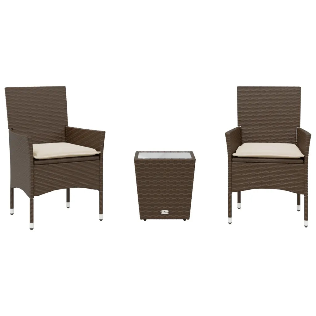 Set BistrÃ² 3 pz con Cuscini Marrone Polyrattan e Vetro