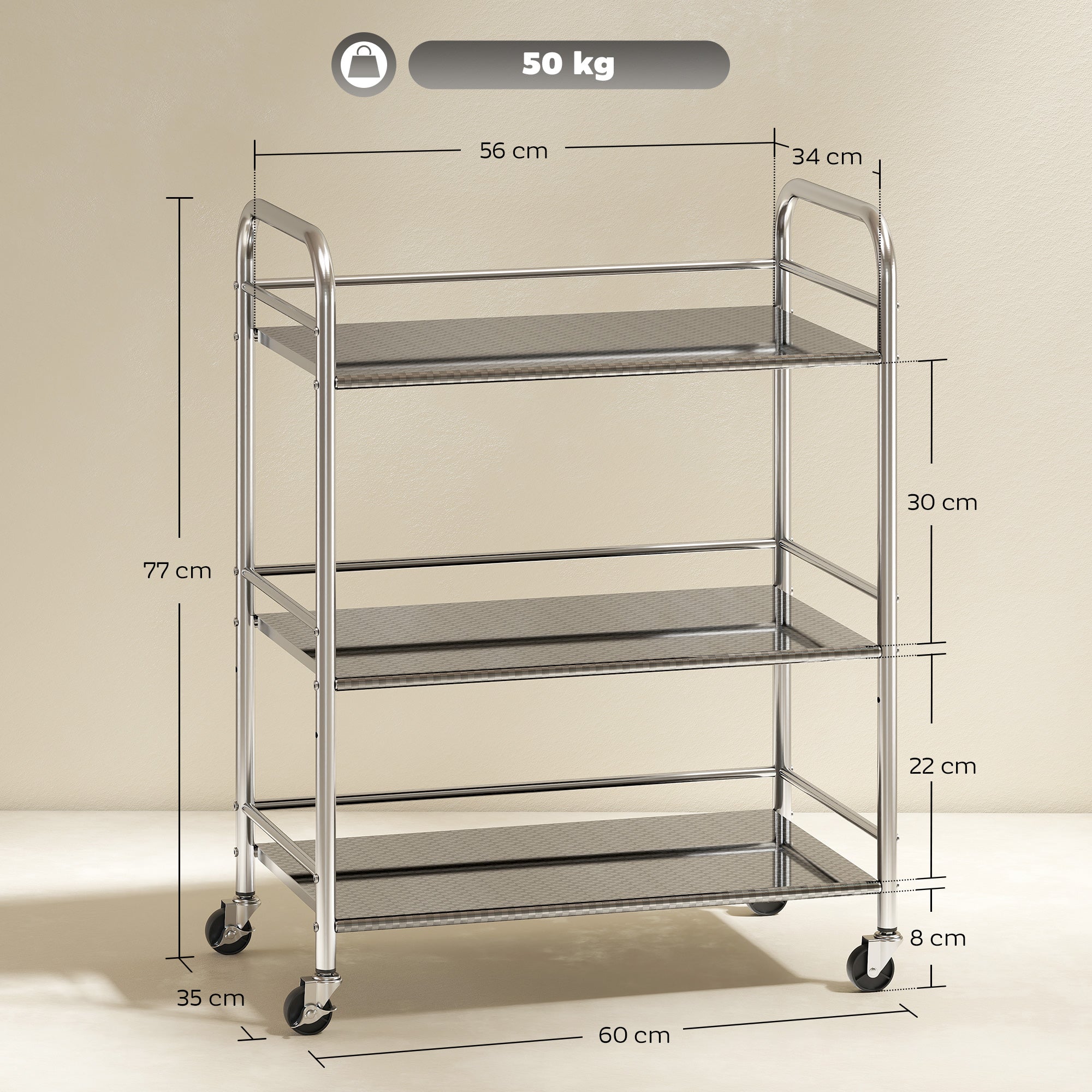 Carrello da Cucina Multiuso a 4 Livelli 60x35x77 cm con Ripiano Centrale Regolabile in Acciaio Inox