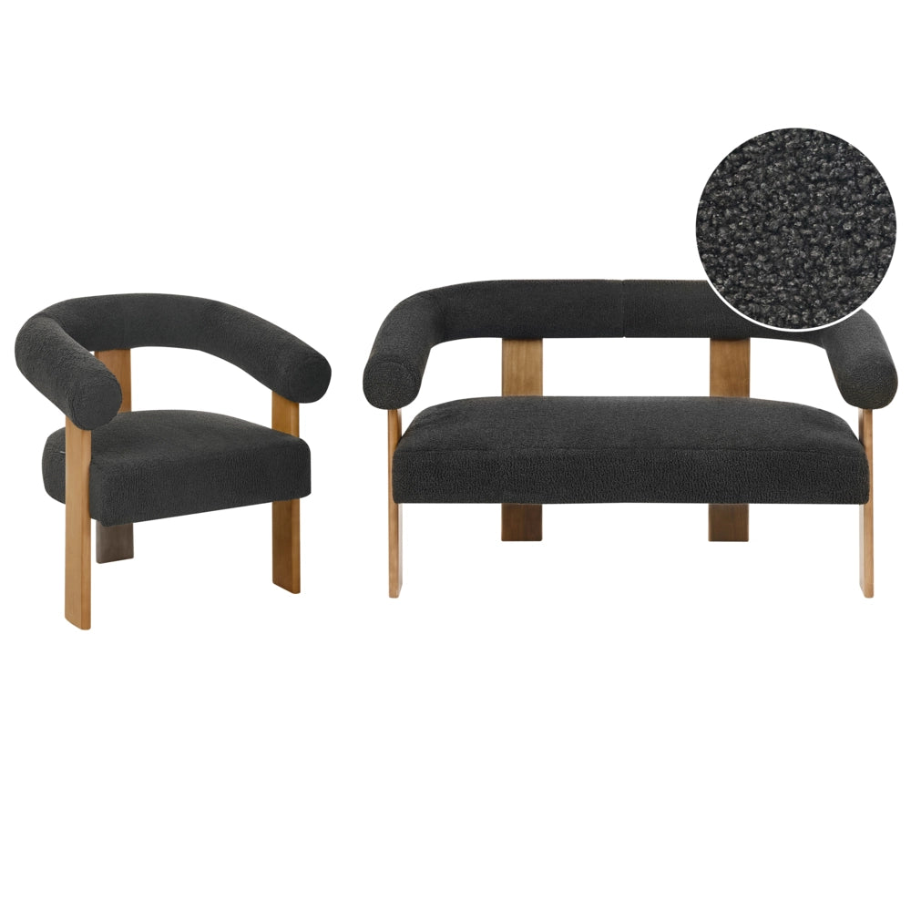 Set da salotto divano a 2 posti poltrona imbottita bouclé nero e marrone scuro stile retrò soggiorno